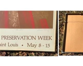 #44)$60 NOW 20% OFF (was $75) 1982 ‘’ THE FOX “Framed Print signed 51 of 300 by St Louis Artist Luanne Rimel. 82 Preservation Week is a stunning print in Gold and Rich Red Tones. The Fox Reopened Sept 7, 1982. Great St Louis Collectors Item. Inside plastic frame measures approx 33 3/4 ‘’ x 22’’ (1 of 2 views) 