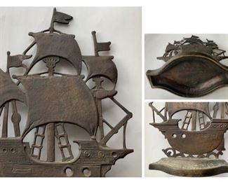 #45) $35 Vintage Brass Ship Doorstop/ Nautical Decor . Shows Patina and age as shown. Approx 12” x 8” (1 of 2 views) 