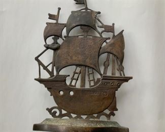 #45) $35 Vintage Brass Doorstop/ Nautical Decor . Shows Patina and age as shown. Approx 12” x 8” (1 of 2 Views) 