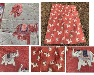 #46) $40 Vintage Textile with Playful Elephants Motif. Colorful Woven Cotton measures approx 90”long x 55’’ wide. Underside is a colorful light green . 