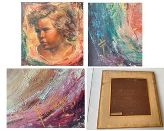 #4) $150 Beautiful Vintage FANTASY Painting Portrait of a young child. Guilded Frame with red velvet  accent.  We are unable to identify the signatures .ART measures approx 14 1/2 x 15 (1 of 4 views) 