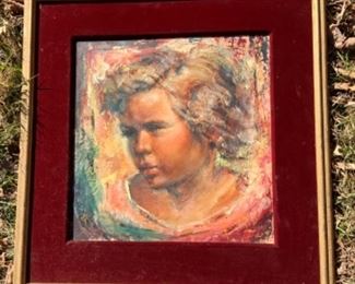 #4) $150 Beautiful Vintage FANTASY Portrait of a young child. Guilded Frame with red velvet accent.  We are unable to identify the signatures . ART measures approx 14 1/2 x 15 (1 of 4 views) 