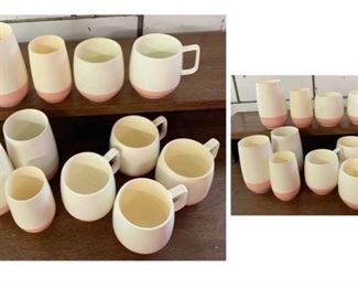 #20) $12 for all 11 pc of Vintage PINK Two tone VACRON dish ware .11 tall cups, 2 small juice cups, 5 Cups with handles and one mug.
