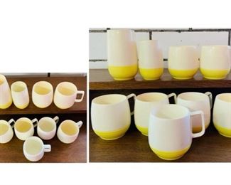 #27) $10 for all 9 pieces of Vintage Yellow Two Tone VACRON dish ware. One tall cup, one small cup, 6 handled cups and one mug.