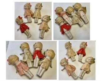 #61) $25 NOW 50% OFF ( was $50 ) for all 4 Vintage Bisque Dolls. Made in Japan, these Hand Painted Dolls have their original Dresses. We have not cleaned these. Dolls measure approx 4 inches tall. Normal wear as shown. Arms are movable. (1 of 3 views) 