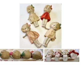 #61) $25 NOW 50% off (was $50 ) for all 4 Vintage Bisque Dolls. Made in Japan, these Hand Painted Dolls have their original Dresses. We have not cleaned these. Dolls measure approx 4 inches tall. Arms are movable. Normal Wear as shown. (1 of 3 views) 