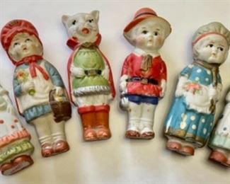 #62) now 50% off $42.50 (was$85 )Vintage group of 6 Nursery Rhyme Bisque Dolls Figurines .Marked Made in Japan, they measure approx 4 ‘’ tall. Puss in Boots C393, Females are C399, C401,C400, The Boy is number C391 and has a few marks on his hat as shown. The Colors are quite Vibrant and they have been stored well. (1 of 2 Views) 