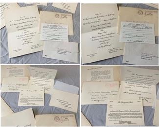 #53) $137.50 NOW 50% (was $275 ) original JFK inaugural invitation set. Includes invitation to the Inauguration in envelope postmarked Dec 31 1960, Invitation to the inaugural Ball 1961 in original mailing envelope postmark Jan 5, 1961, inaugural gala invite in mailing envelope postmarked Dec 21, 1960,  RSVP Gala inaugural card with with guest list space on the back ,RSVP inaugural Ball card with envelope .These were owned by one of Nixon’s many lawyers. They are as is as shown and you can smell smoke on these items. (1 of 3 views )