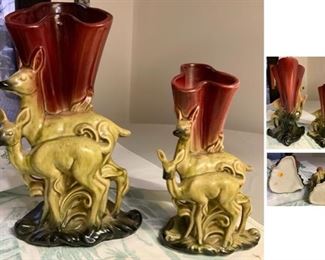 #57) $40 NOW 20% OFF (was $50 ) for Both Vintage Hull Pottery Vases 1950s Deer Motif. Rich Colors. Small Vase measures approx 8.25” x 4.5” x 4”. Larger Vase measures approx. 11.25’’X 6.25 “
X5.5”