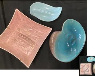 #8) $20 NOW 20% OFF (was $25 ) for all 3 MID CENTURY Ceramic Ashtrays . Pink is marked CALIF originals #560 and measures approx 8” x 8’. Amoeba shape Blue Glaze with Tan is marked USA and is approx 9” x 6”. Light Blue Freeform ashtray is unmarked measures approx 6.5” x 3.5”.  