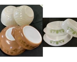 #10) $55 for 7 Pc Vintage serving dishes/bowls. 2  Fire king swirl bowls, 1 Pyrex casserole #043 , 1 mixing bowl #444 (this has some minor scratches ) and 3 glas bake serving dishes. (1 of 2 views) 