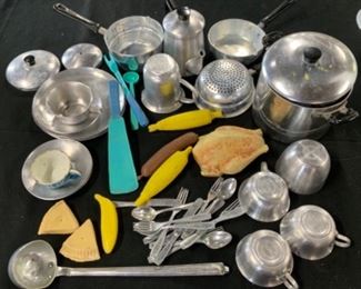 #11) $14 Now 50% off (was $28 ) for all 47 pc Vintage Kids Cookware, plastic food etc.. Flatware marked made In Switzerland, Some pieces marked Italy by Creative Playthings Inc.  These have been played with/loved and are sold as is as shown. (1 of 2 views) 