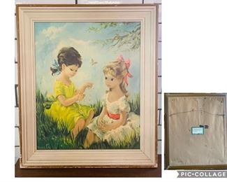 #18) $25 Large Framed Vintage 60s/70s Wall Decor. Adorable Girls in the meadow making Daisy Chains with Butterflies Swirling Above them. Printed Paper image by Dallas Simpson. Approx 23” x 19”