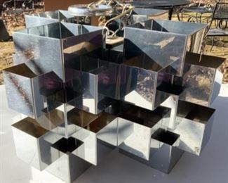 #1)  SALE 30% OFF -NEW PRICE $1,575  ( was $2,250 ) Mid century Chandelier signed C Jere 1970  Chrome Cubist Light Fixture. Approx 21”L  x 22”W x 12” H. Beauty Rim to top of lamp hanging chain measures 14”. Family bought from a showroom and never displayed. It has been in a box in the family’s den all these years. Condition : Lots of Rusting As shown from storage.  (1 of 5 views) 
