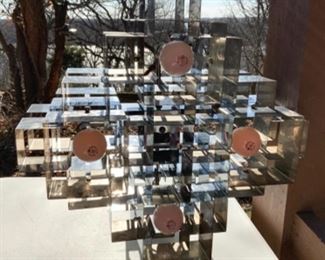 #1) SALE 30% OFF -NEW PRICE $1,575  ( was $2,250 ) Mid century Chandelier signed C Jere 1970  Chrome Cubist Light Fixture. Approx 21”L  x 22”W x 12” H. Beauty Rim to top of lamp hanging chain measures 14”. Family bought from a showroom and never displayed. It has been in a box in the family’s den all these years. Condition : Lots of Rusting As shown from storage.  (1 of 5 views) 