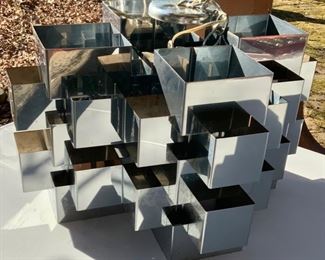 #1) SALE 30% OFF -NEW PRICE $1,575  ( was $2,250 ) Mid century Chandelier signed C Jere 1970  Chrome Cubist Light Fixture. Approx 21”L  x 22”W x 12” H. Beauty Rim to top of lamp hanging chain measures 14”. Family bought from a showroom and never displayed. It has been in a box in the family’s den all these years. Condition : Lots of Rusting As shown from storage.  (1 of 5 views) 