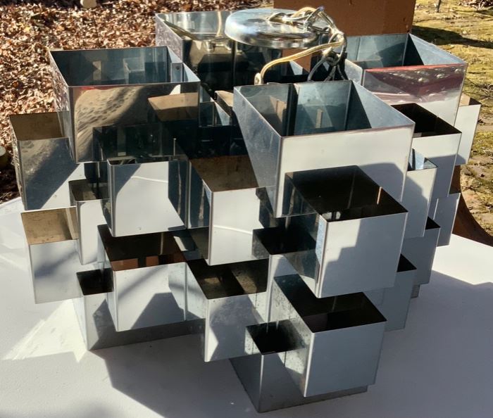 #1) SALE 30% OFF -NEW PRICE $1,575  ( was $2,250 ) Mid century Chandelier signed C Jere 1970  Chrome Cubist Light Fixture. Approx 21”L  x 22”W x 12” H. Beauty Rim to top of lamp hanging chain measures 14”. Family bought from a showroom and never displayed. It has been in a box in the family’s den all these years. Condition : Lots of Rusting As shown from storage.  (1 of 5 views) 