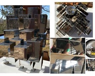 #1) SALE 30% OFF -NEW PRICE $1,575  ( was $2,250 ) Mid century Chandelier signed C Jere 1970  Chrome Cubist Light Fixture. Approx 21”L  x 22”W x 12” H. Beauty Rim to top of lamp hanging chain measures 14”. Family bought from a showroom and never displayed. It has been in a box in the family’s den all these years. Condition : Lots of Rusting As shown from storage.  (1 of 5 views) 