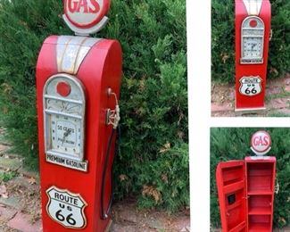 #60) $52.50 NOW 30% OFF (was $75 ) ROUTE 66 Gas Pump WOOD CLOCK CABINET with 4 SHELVES for CDs. Works -Battery Operated.Measures approx 38” tall by 9’’wide x 9’’ deep. 