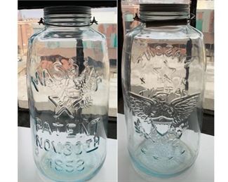 #64) $32 NOW 20% off (was $40 ) Oversized Tall Mason’s Glass Vessel with metal lid and plastic handle on metal. Eagle Motif . Mason’s with star and patent Nov 30th 1858.  Unsure of its age. LARGE size and Very decorative. 19’’x 30 inch diameter. (1 of 2 views) 