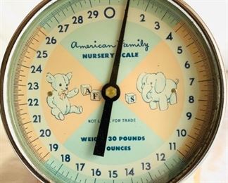 #66) $10 NOW 50% OFF (was $20) PINK Baby Scale with Elephant and Bear Doll on face. 1950s Nursery Scale by Vintage American Family. Used and as is condition as shown. (1 of 2 views) 