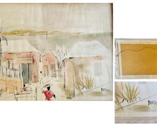 #72) $120 NOW 20% OFF (was $150 ) Vintage signed  BIRDSEY Mixed Media Watercolor and Ink. Mid Century scene of Caribbean Village. Mounted on Masonite and shows a natural aged ripple effect. (1 of 2 views) 