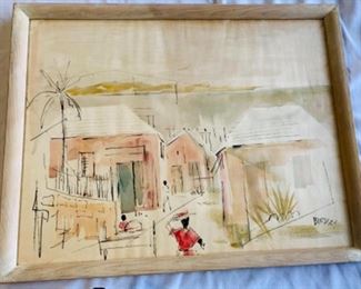 #72) $120 NOW 20% OFF( was $150) Vintage signed  BIRDSEY Mixed Media Watercolor and Ink. Mid Century scene of Caribbean Village. Mounted on Masonite and shows a natural aged ripple effect. (1 of 2 views) 