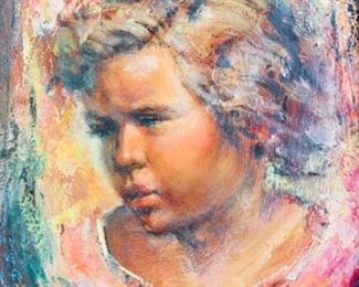 #4) $150 Beautiful Vintage FANTASY painting Portrait of a young child. Guilded Frame with red velvet  accent.  We are unable to identify the signatures .ART measures approx 14 1/2 x 15 (1 of 4 views) 