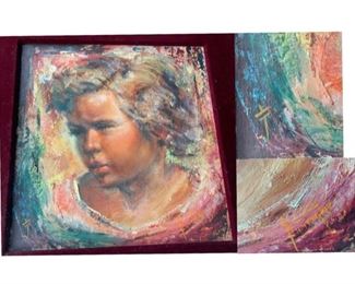 #4)$150 Beautiful Vintage FANTASY Painting Portrait of a young child. Guilded Frame with red velvet accent.  We are unable to identify the signatures .ART measures approx 14 1/2 x 15 (1 of 4 views) 