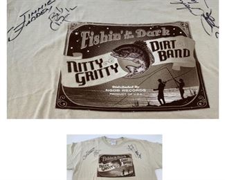 #140 $32 NOW 20% OFF (was $40 ) Autographed Light Tan Nitty Gritty Dirt Band T Shirt . 100% cotton size L. Gildan Label. 4 signatures/autographs. Fishin in the Dark. Dist by NGDB records. Product of USA.