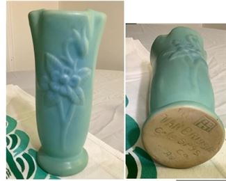 #59) $31.50 NOW 30% OFF (was $45 ) Vintage Van Briggle Vase. Beautiful Aqua Blue Matte with Floral Design. 8.5 “ tall.