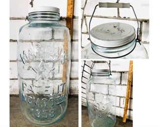 #64) $32 NOW 20% OFF (was $40 )Oversized Tall Mason’s Glass Vessel with metal lid and plastic handle on metal.  Eagle Motif . Mason’s with star and patent Nov 30th 1858. Large and Very Decorative. Unsure of its age. 19’’x 30 inch diameter. (1 of 2 views) 