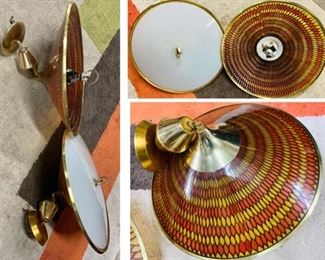 29) $200 PR NOW 20% off (was $250 ) Set of 2 MOE brand 1960s LARGE Saucer Honeycomb Light Fixtures. 
Red, orange, and yellow honeycomb chandelier with retractable pulley to adjust heights. 3 light chandelier with 3 way switch. The pulleys need to be replaced and one has no bottom and both have wear as pictures show. (1 of 3 views) 
