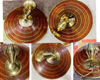 29) $200 PR NOW 20% OFF (was $250 ) Set of 2 MOE brand 1960s LARGE Saucer Honeycomb Light Fixtures. 
Red, orange, and yellow honeycomb chandelier with retractable pulley to adjust heights. 3 light chandelier with 3 way switch. The pulleys need to be replaced and one has no bottom and both have wear as pictures show. (1 of 3 views) 
