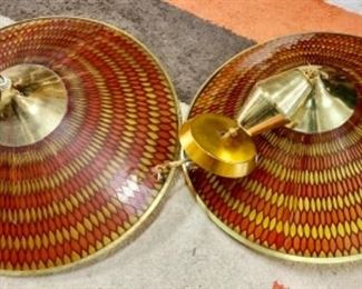 29) $200 PR NOW 20% OFF (was $250 ) Set of 2 MOE brand 1960s LARGE Saucer Honeycomb Light Fixtures. 
Red, orange, and yellow honeycomb chandelier with retractable pulley to adjust heights. 3 light chandelier with 3 way switch. The pulleys need to be replaced and one has no bottom and both have wear as pictures show. (1 of 3 views) 
