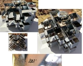 #1) SALE 30% OFF -NEW PRICE $1,575  ( was $2,250 ) Mid century Chandelier signed C Jere 1970  Chrome Cubist Light Fixture. Approx 21”L  x 22”W x 12” H. Beauty Rim to top of lamp hanging chain measures 14”. Family bought from a showroom and never displayed. It has been in a box in the family’s den all these years. Condition : Lots of Rusting As shown from storage.  (1 of 5 views) 