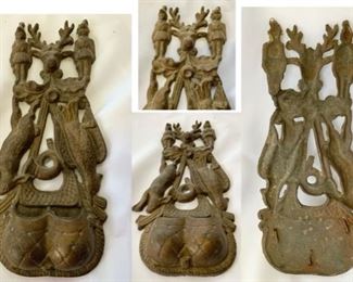 #23) $45 Antique brass match holder. Hunting motif of a rabbit, bird and hunting bag.  There is a rabbit hanging on one side and a pheasant on the other side. See aging in photos. Approx 11’’ x 5’’. (1 of 2 views) 