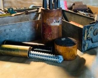 #99) $25 NOW 50% OFF (was $50 ) Large Lot of Vintage Drill Bits, masonry and other drill bit sets. Includes new carbide bit, metal boxes and antique wood cylinder. ( 1 of 2 views) 