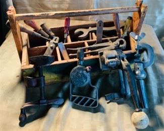 #100)$21 NOW 30% OFF ( was $30 ) Vintage tool box with assorted tools, nails and screws 