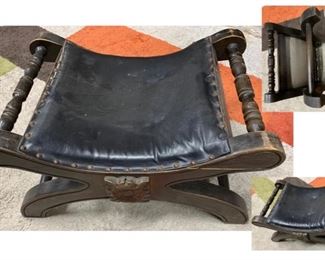 #108) $20 NOW 50% OFF (was $40 ) Vintage Stool. Black leather and Wood. 24 inches across x 17’’ deep and 14’’ high . Nice condition but shows some age. 