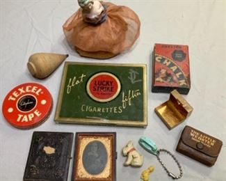 #135) $36 NOW 20% OFF (was $45 ) for all 11 pc lot of Vintage items. Tin Type, Mini Bible, Advertising , Boudior Doll, Top,  charms etc .  All sold as is as shown (1 of 2 views) 