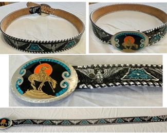 #125) $75 Vintage Johnson and Held of Denver, Colorado Belt Buckle with inlaid stones and BELT.  Probably nickel. 100% Hand Crafted Western Buckle by Johnson and Held. End of the trail. Buckle measures Approx 2 3/4” x 3 3/4”. Belt is by Mallory waist 36 with Eagle and turquoise flowers. (1 of 2 views) 