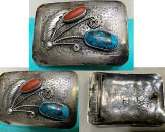 #131)$100 with belt NOW 20% OFF (was $125) Vintage Native American Signed FJ belt buckle.  Beautifully designed with coral and turquoise. Silver content. Not cleaned.  Approx 3 “ by 2 “. (1 of 2 views)