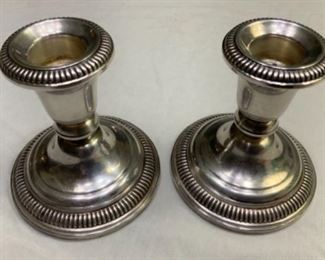 #133) $25 NOW 50% OFF (was $50 ) Vintage 1930s Sterling candlestick set by Frank M Whiting. Weighted and Reinforced 200. Approx 3 1/2 tall x 3 1/2 in diameter. We have not cleaned.  See imperfections as shown. (1 of 2 views) 