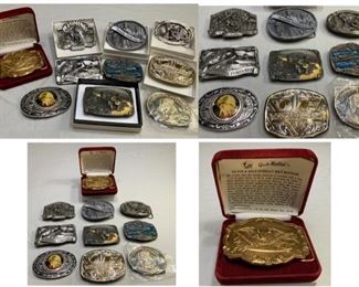 #126) $52.50 NOW 30% OFF (was $75 ) all Vintage 10 pc Metal Belt Buckle Collection. Most never worn . 1970s and 1980s. Includes Gander Mountain Silver and Gold overlay right to bear arms , panning for gold 1984 Bergamot, Waynes dog food-sealed and 1989 great Reno balloon race etc.. (1 of 2 views) 