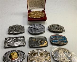 #126) $52.50 NOW 30% OFF (was $75) all Vintage 10 pc Metal Belt Buckle Collection. Most never worn . 1970s and 1980s. Includes Gander Mountain Silver and Gold overlay right to bear arms , panning for gold 1984 Bergamot, Waynes dog food-sealed and 1989 great Reno balloon race etc.. ( 1 of 2 views) 
