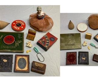 #135)$36 NOW 20% OFF (was $45 ) for all 11 pc lot of Vintage items. Tin Type, Mini Bible, Advertising , Boudior Doll, Top,  charms etc .  All sold as is as shown (1 of 2 views) 