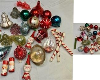 #138) $17.50 NOW 50% OFF (was $35 ) for all 27 Vintage Christmas ornaments. Lot includes  2 Community Federal Santa Coin Saving ornaments and plenty of cute novelty items. As is as shown. 