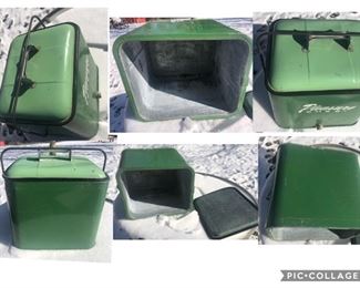 #123) $75 1950s Green Pleasure Chest Cooler with Lid. See photos for wear and scratches. Measures approx 15’’ x 14’’ x 12’’ deep. (1 of 3 pictures ) 