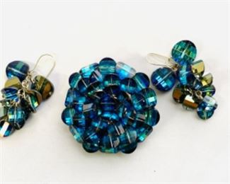 #149) $65 Vintage Pagoda Beads Blue Glass Brooch and pierced earring Set . Measures 2 inches in diameter. Pierced dangle earrings are 2 “ long . Not cleaned and in good vintage condition. (1 of 2 views) 